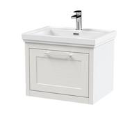 Balterley Traditional Bathroom Wall Hung 1 Drawer Vanity Unit And 1 Tap Hole Fireclay Basin, 600mm, Woodgrain White