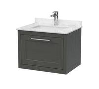 Balterley Traditional Bathroom Wall Hung 1 Drawer Vanity Unit And 1 Tap Hole Marble Top Basin, 600mm, Woodgrain Dark Grey