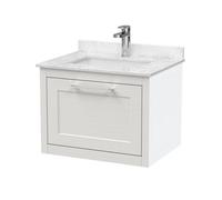 Balterley Traditional Bathroom Wall Hung 1 Drawer Vanity Unit And 1 Tap Hole Marble Top Basin, 600mm, Woodgrain White