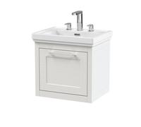 Balterley Traditional Bathroom Wall Hung 1 Drawer Vanity Unit And 3 Tap Hole Fireclay Basin, 500mm, Woodgrain White
