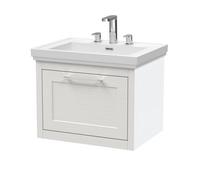 Balterley Traditional Bathroom Wall Hung 1 Drawer Vanity Unit And 3 Tap Hole Fireclay Basin, 600mm, Woodgrain White