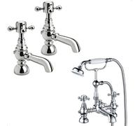 Balterley Traditional Crosshead Basin Pillar Taps And Bath Shower Mixer With Kit Set - Chrome