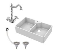 Balterley Traditional Double Bowl Fireclay Butler Kitchen Sink With Overflow, Classic Tap & Wastes - 895mm