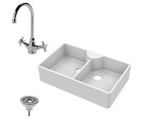 Balterley Traditional Fireclay Butler Kitchen Sink Bundle: Double Bowl With Stepped Weir, Mixer Tap & Wastes - 895mm