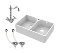 Balterley 795mm Butler Sink Double Bowl with Mono French Classic Crosshead Mixer Tap & Wastes with Overflow, Durable Butler White Ceramic Kitchen Sink, Double Bowl Flush Weir (White/Chrome)