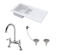 Balterley Traditional Fireclay Kitchen Bundle: 1.5 Bowl Sink & Drainer With Waste & Bridge Lever Mixer Tap, 1010mm - Chrome