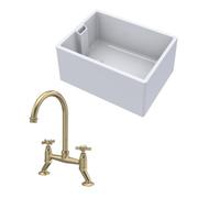 Traditional Fireclay Kitchen Bundle: 1 Bowl Belfast Sink & Bridge Crosshead Mixer Tap, 615mm - Brushed Brass