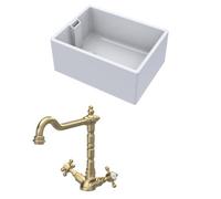 Balterley Traditional Fireclay Kitchen Bundle: 1 Bowl Belfast Sink & French Classic Mono Tap, 615mm - Brushed Brass