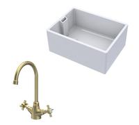 Balterley Traditional Fireclay Kitchen Bundle: 1 Bowl Belfast Sink & Mono Crosshead Handle Tap, 615mm - Brushed Brass