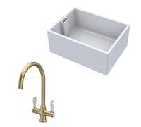 Balterley Traditional Fireclay Kitchen Bundle: 1 Bowl Belfast Sink & Mono Lever Handle Tap, 615mm - Brushed Brass