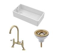 Balterley Traditional Fireclay Kitchen Bundle: 1 Bowl Belfast Sink With Strainer Waste & Bridge Lever Mixer Tap, 895mm - Brushed Brass