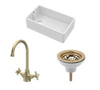 Traditional Fireclay Kitchen Bundle: 1 Bowl Belfast Sink with Strainer Waste & Mono Crosshead Tap, 795mm - Brushed Brass