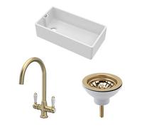 Traditional Fireclay Kitchen Bundle: 1 Bowl Belfast Sink with Strainer Waste & Mono Lever Handle Tap, 895mm - Brushed Brass