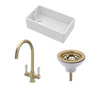 Balterley Traditional Fireclay Kitchen Bundle: 1 Bowl Belfast Sink With Strainer Waste & Mono Lever Tap, 795mm - Brushed Brass