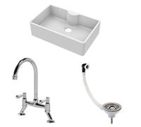Balterley Traditional Fireclay Kitchen Bundle: 1 Bowl Butler Sink With Overflow & Ledge, Waste & Bridge Mixer Tap, 795mm - Chrome