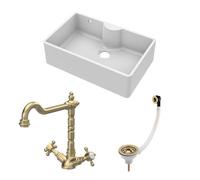 Balterley Fireclay 1 Bowl Butler Sink Waste Classic Tap Brushed Brass 795mm in White Balterley White