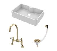 Balterley Traditional Fireclay Kitchen Bundle: 1 Bowl Butler Sink With Overflow & Ledge, Waste & Lever Tap, 795mm - Brushed Brass
