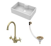 Traditional Fireclay Kitchen Bundle: 1 Bowl Butler Sink with Overflow & Ledge, Waste & Mono Tap, 795mm - Brushed Brass