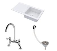 Balterley Traditional Fireclay Kitchen Bundle: 1 Bowl Sink & Drainer W/ Bridge Lever Mixer Tap, Basket Strainer Waste, 1010mm - Chrome