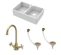 Balterley Traditional Fireclay Kitchen Bundle: 2 Bowl Full Weir 1 Tap Hole Butler Sink With Wastes & Mono Tap, 795mm - Brushed Brass