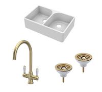 Balterley Traditional Fireclay Kitchen Bundle: 2 Bowl Full Weir Butler Sink No Overflow With Waste & Lever Tap, 795mm - Brushed Brass