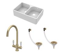Balterley Traditional Fireclay Kitchen Bundle: 2 Bowl Full Weir Butler Sink With Wastes & Mono Lever Tap, 795mm - Brushed Brass