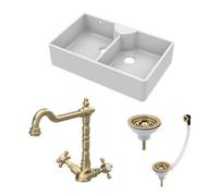 Balterley Traditional Fireclay Kitchen Bundle: 2 Bowl Stepped Weir Butler Sink, Wastes & French Classic Tap, 895mm - Brushed Brass
