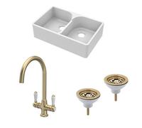 Traditional Fireclay Kitchen Bundle: 2 Bowl Stepped Weir Butler Sink, Wastes & Mono Lever Tap, 795mm - Brushed Brass
