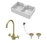 Traditional Fireclay Kitchen Bundle: Double Bowl Butler Sink Stepped Weir with Wastes & Mono Crosshead Tap, 895mm - Brushed Brass