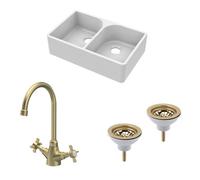 Balterley Traditional Fireclay Kitchen Bundle: Double Bowl Full Weir Butler Sink No Overflow With Wastes & Mono Tap, 795mm - Brushed Brass