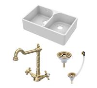 Balterley Traditional Fireclay Kitchen Bundle: Double Bowl Stepped Weir Butler Sink With Wastes & French Tap, 795mm - Brushed Brass