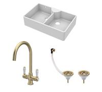 Balterley Traditional Fireclay Kitchen Bundle: Double Bowl Stepped Weir Butler Sink With Wastes & Mono Lever Tap, 895mm - Brushed Brass
