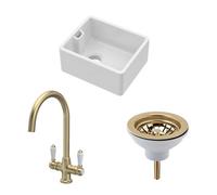 Balterley Traditional Fireclay Kitchen Bundle: Single Bowl Belfast Sink, Strainer Waste & Mono Lever Handle Tap, 460mm - Brushed Brass