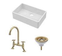 Traditional Fireclay Kitchen Bundle: Single Bowl Butler Sink, Waste & Bridge Crosshead Mixer Tap, 795mm - Brushed Brass