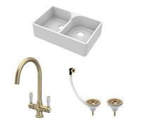 Fireclay Kitchen Sink Bundle - 2 Bowl Butler Sink with Stepped Weir, Wastes & Lever Tap - 795mm Brushed Brass
