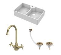 Traditional Fireclay Kitchen Sink Bundle: Double Bowl Butler 1 Tap Hole Design with Wastes & Mono Tap, 895mm - Brushed Brass