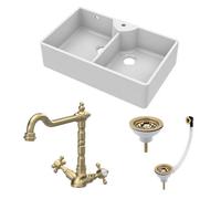 Traditional Fireclay Kitchen Sink Bundle: Double Bowl Butler 1 Tap Hole, Wastes & Classic Tap, 895mm - Brushed Brass