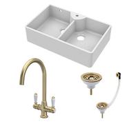 Traditional Fireclay Kitchen Sink Bundle: Double Bowl Butler 1 Tap Hole, Wastes & Mono Tap, 895mm - Brushed Brass