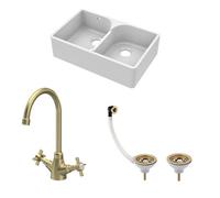 Traditional Fireclay Kitchen Sink Bundle: Double Bowl Butler Sink with Stepped Weir, Wastes & Crosshead Tap, 795mm - Brushed Brass