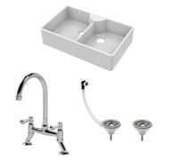 Balterley Traditional Fireclay Kitchen Sink Bundle: Double Bowl Butler Stepped Weir, Wastes & Bridge Lever Tap, 895mm - Chrome
