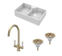 Traditional Fireclay Kitchen Sink Bundle: Double Bowl Butler with 2 Wastes & Mono Lever Tap, 895mm - Brushed Brass