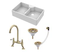 Balterley Traditional Fireclay Kitchen Sink Bundle: Double Bowl Stepped Weir Butler With Wastes & Bridge Lever Tap, 895mm - Brushed Brass