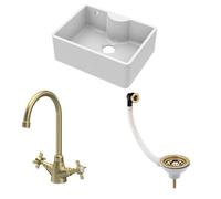 Balterley Traditional Fireclay Kitchen Sink Bundle: Single Bowl Butler Sink W/ Overflow, Tap Ledge, Waste & Mono Tap, 595mm - Brushed Brass