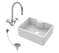 Balterley Traditional Fireclay Kitchen Sink Bundle: Single Bowl Butler Tap Ledge, Overflow, Waste And Kitchen Mixer Tap, 595mm