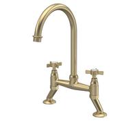 Balterley Kitchen Tap with Dual Crosshead Handles, Bridge Kitchen Mixer Tap, Brushed Brass Bridge Mixer Taps for Sink, Round Base with Curved Spout Taps for Sink - 235 x 200 x 510mm (Brushed Brass)