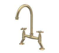 Balterley Kitchen Tap with Dual Crosshead Handles, Bridge Kitchen Mixer Tap, Brushed Brass Bridge Mixer Taps for Sink, Round Base with Curved Spout Taps for Sink - 235 x 200 x 510mm (Brushed Brass)