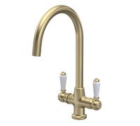Balterley Kitchen Tap with Dual Lever Handles, Mono Kitchen Mixer Tap, Brushed Brass Mono Mixer Taps for Sink, Round Base with Curved Spout Taps for Sink - 160 x 220 x 375mm (Brushed Brass)