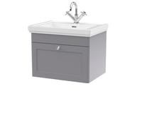 Traditional Wall Hung 1 Drawer Vanity Unit with 1 Tap Hole Fireclay Basin, 600mm - Satin Grey