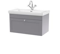 Traditional Wall Hung 1 Drawer Vanity Unit with 1 Tap Hole Fireclay Basin, 800mm - Satin Grey