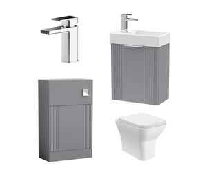 Balterley Vanity Unit with Basin, Handle, Toilet Pan, Seat, Water Closet & Mixer Tap, Wall Hung Single Door Soft Close Vanity Unit, Toilet Pan with WC & Flush, Mono Basin Mixer Tap (Grey/Chrome)